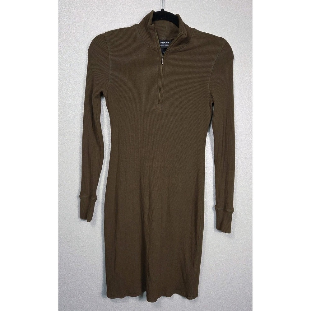 Prana Ribbed Knit Dress Womens Small Brown Quarter Zip Mock Neck Knee Length Fit